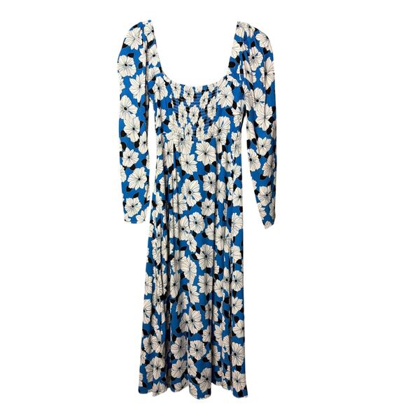 Reiss Miller Floral Print Square Neck Midi Dress Size 4 Ruched Back Front Slit - Picture 3 of 10